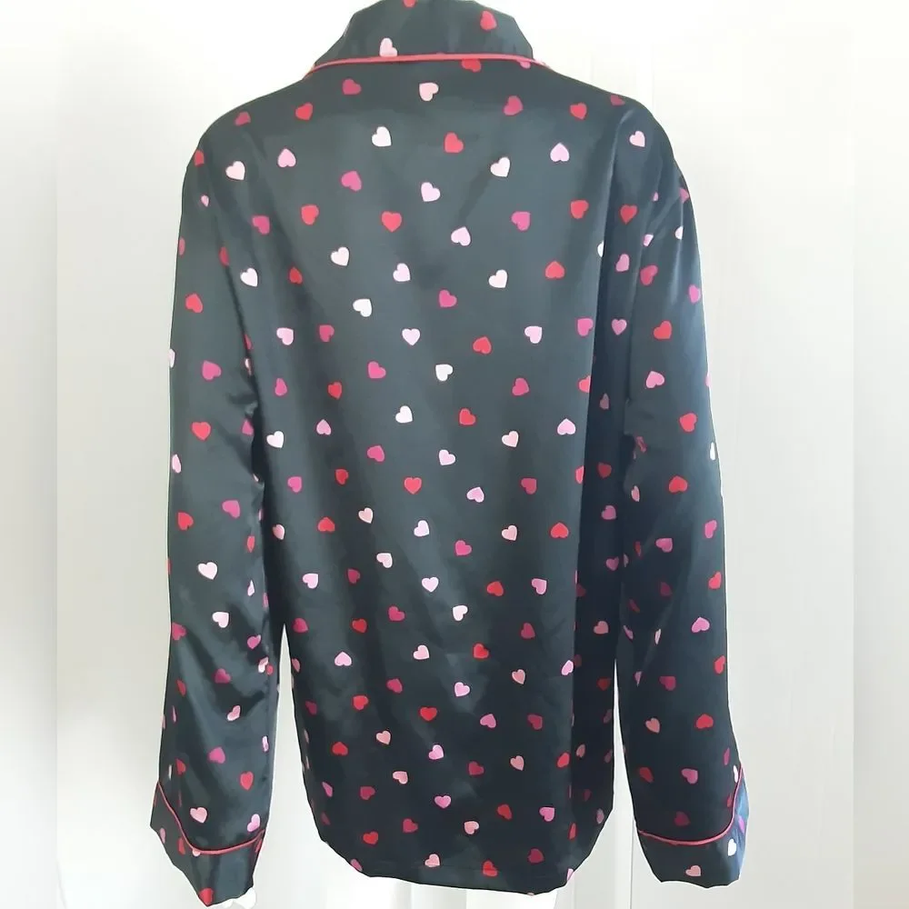VICTORIA'S SECRET Black Satin Pink Hearts Pajama Shirt Sz XL